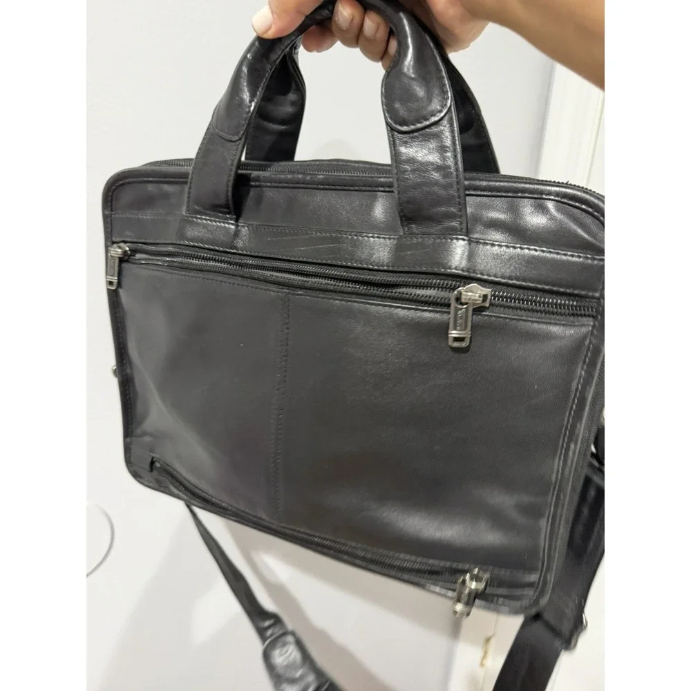 Tumi Leather Messenger Laptop Crossbody Tote Black Bag Pockets L
